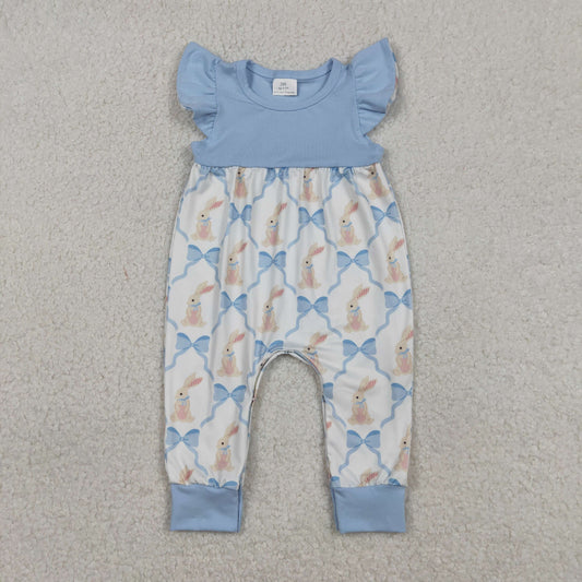 Baby Girls Infant Short Sleeves Blue Bows Rabbits Easter Romper