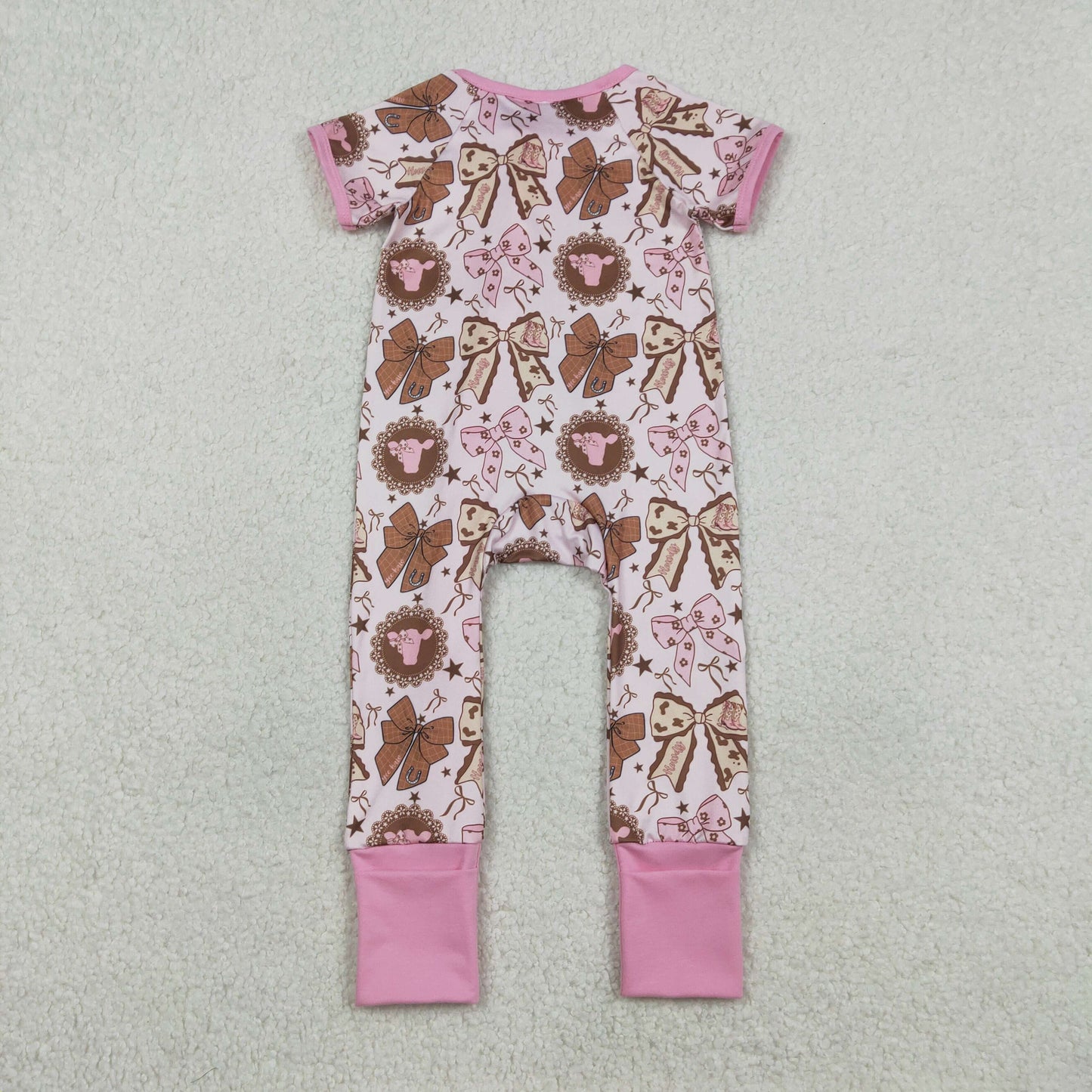 Baby Girls Short Sleeves Bows Boots Zipper Western Pink Romper
