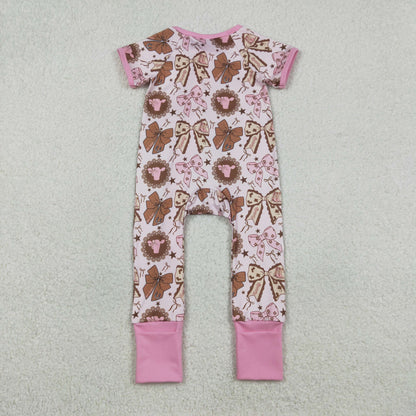 Baby Girls Short Sleeves Bows Boots Zipper Western Pink Romper