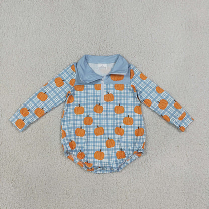 Baby Boys Kids Long Sleeves Pumpkins Blue Plaid Zipper Bubble Romper Fall Clothes