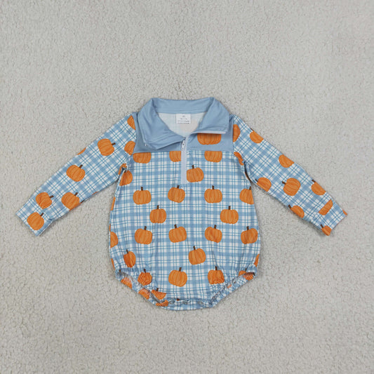 Baby Boys Kids Long Sleeves Pumpkins Blue Plaid Zipper Bubble Romper Fall Clothes