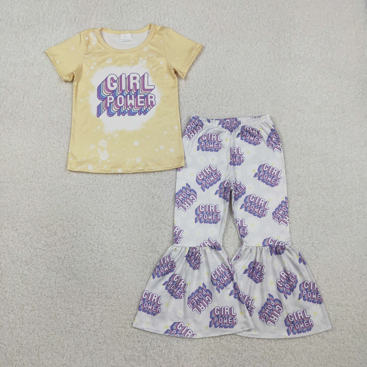 RTS Baby Girls Yellow Short Sleeves Power Shirt Bell Bottoms Pants Clothes Set