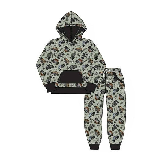 Moq 5 Preorder Baby Boys Kids Long Sleeves Trucks Hoodie Shirt Pockets Pants Set Clothes