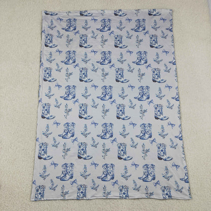 Baby Girls Kids Boots Bows Floral Western Blue Blanket