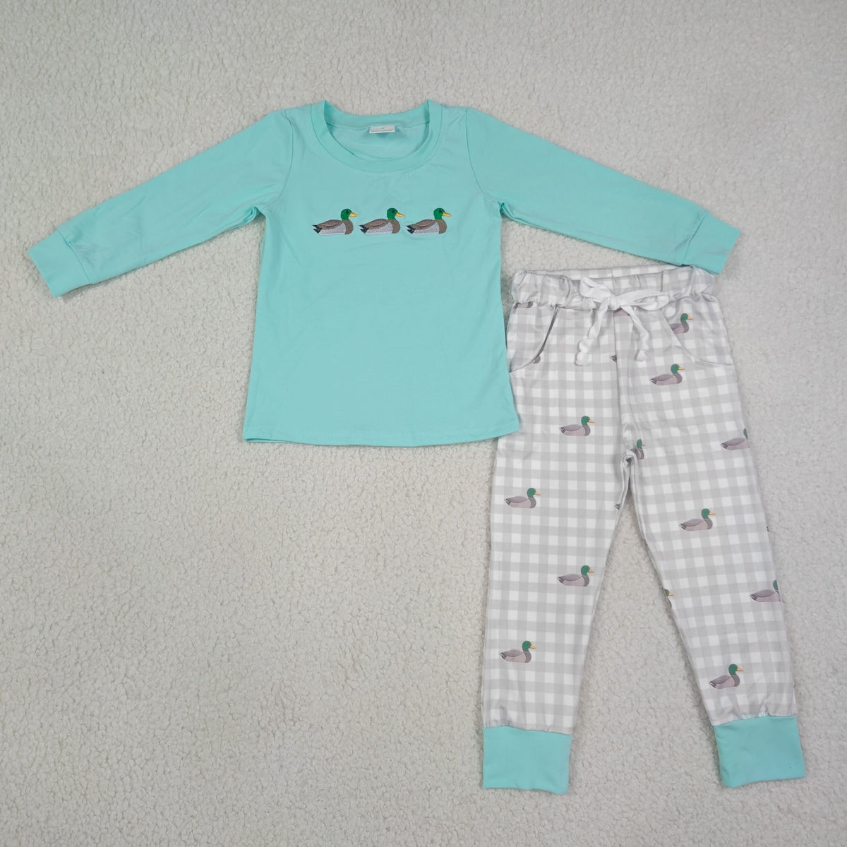 Sibling Baby Boys Kids Long Sleeves Embroidery Ducks Plaid Romper Set Clothes
