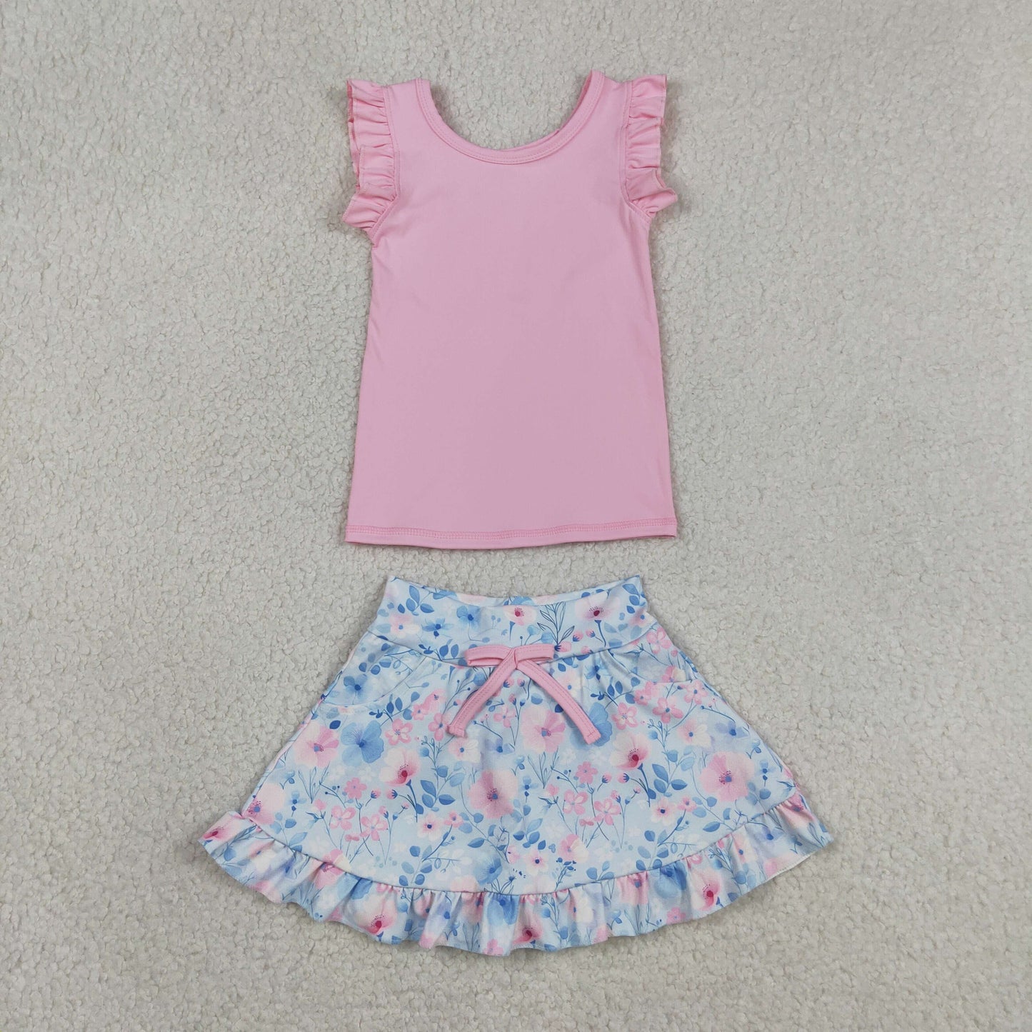 Baby Girls Kids Pink Tops Flower Pockets Scallop Skirt Shorts Yoga Clothes Summer Set