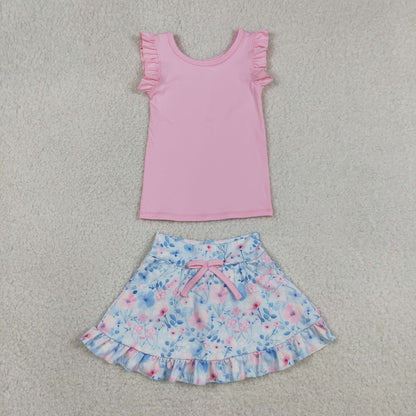 Baby Girls Kids Pink Tops Flower Pockets Scallop Skirt Shorts Yoga Clothes Summer Set