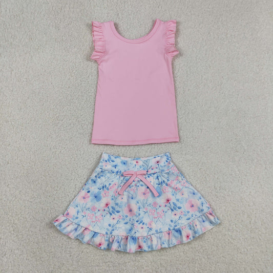 Baby Girls Kids Pink Tops Flower Pockets Scallop Skirt Shorts Yoga Clothes Summer Set