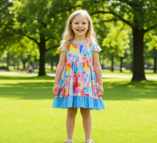 Baby Girl Short Sleeves Tie Dye Pockets Ruffle Knee Length Dress