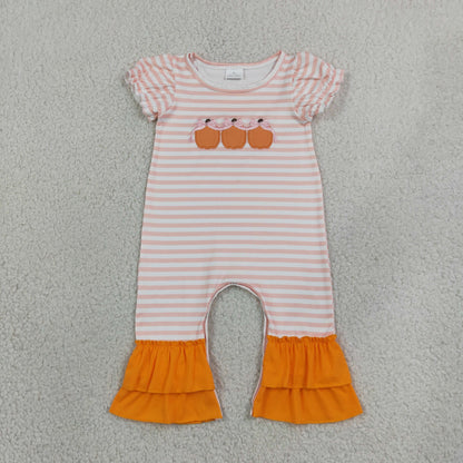 Baby Girl Kids Short Sleeves Embroidery Pumpkins Bows Stripes Romper Fall Clothes