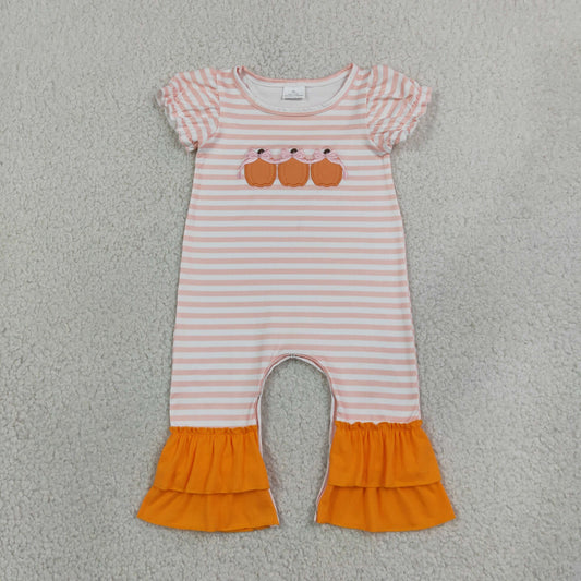 Baby Girl Kids Short Sleeves Embroidery Pumpkins Bows Stripes Romper Fall Clothes