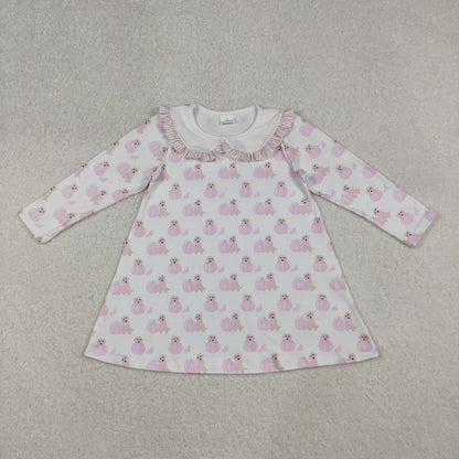 Baby Girl Long Sleeves Pumpkins Dogs Pink Fall Knee Length Dress