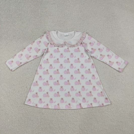 Baby Girl Long Sleeves Pumpkins Dogs Pink Fall Knee Length Dress