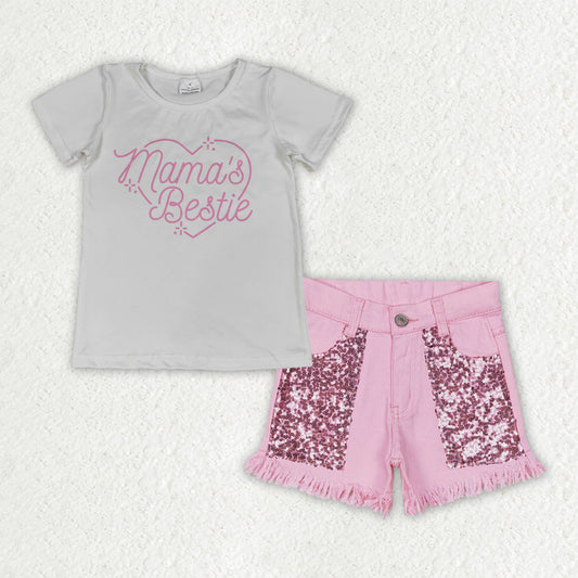 Baby Girls Kids Short Sleeves Mama's Shirt Sequins Pink Denim Shorts Summer Set