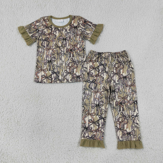 Baby Girls Short Sleeves Camo Bows Shirt Pants Hunting Pajamas Set