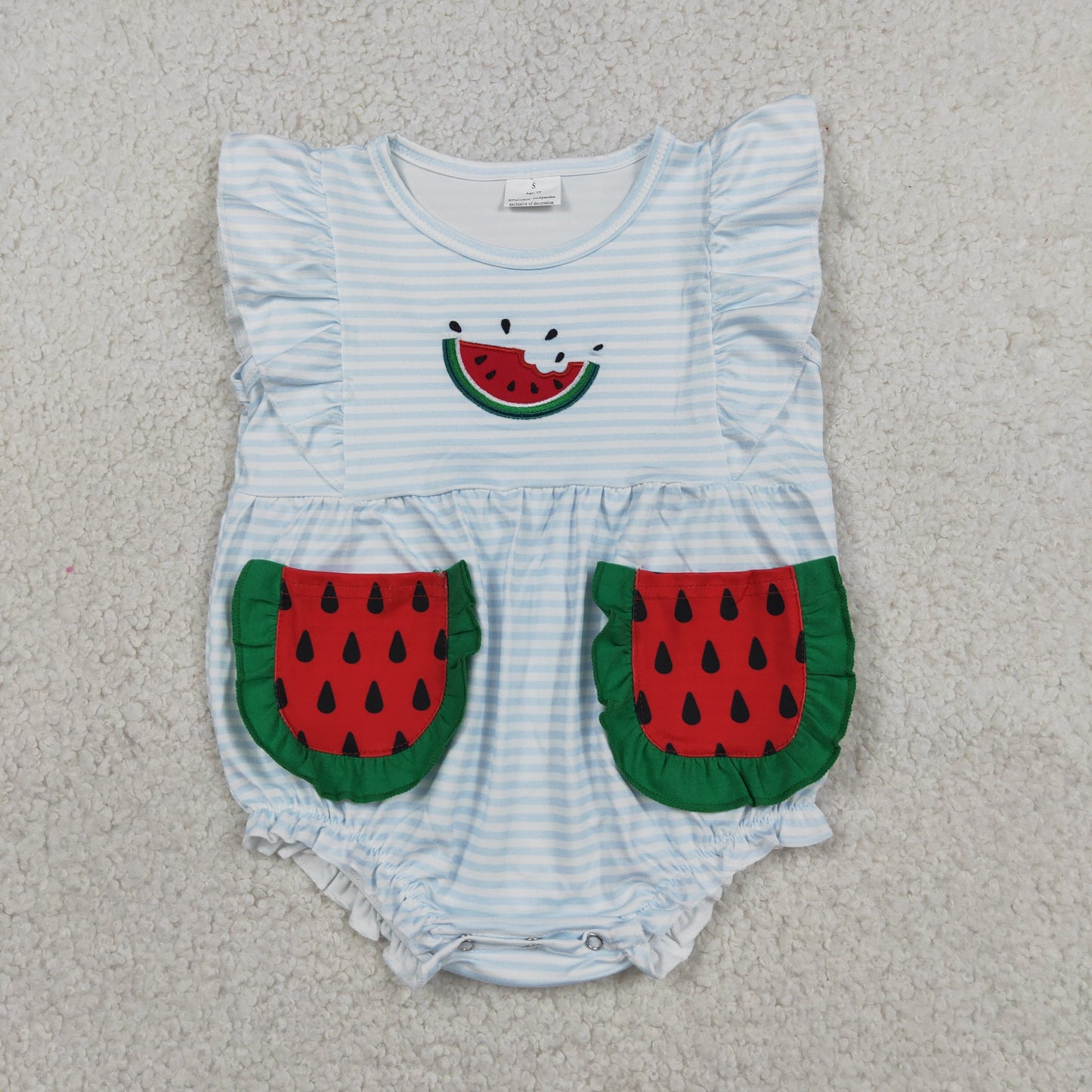 Baby Girls Infant Short Sleeves Embroidery Watermelon Pockets Stripes Romper Clothes