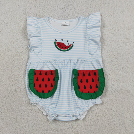 Baby Girls Infant Short Sleeves Embroidery Watermelon Pockets Stripes Romper Clothes