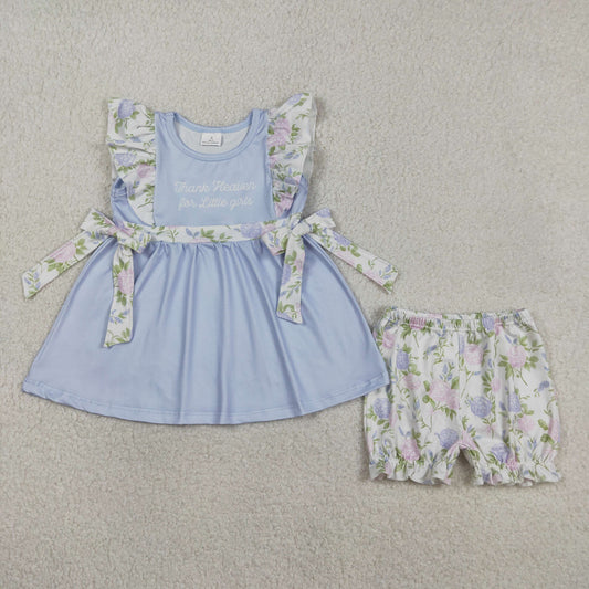 RTS Baby Girls Kids Thank Heaven Bows Blue Tunic Floral Shorts Clothes Set