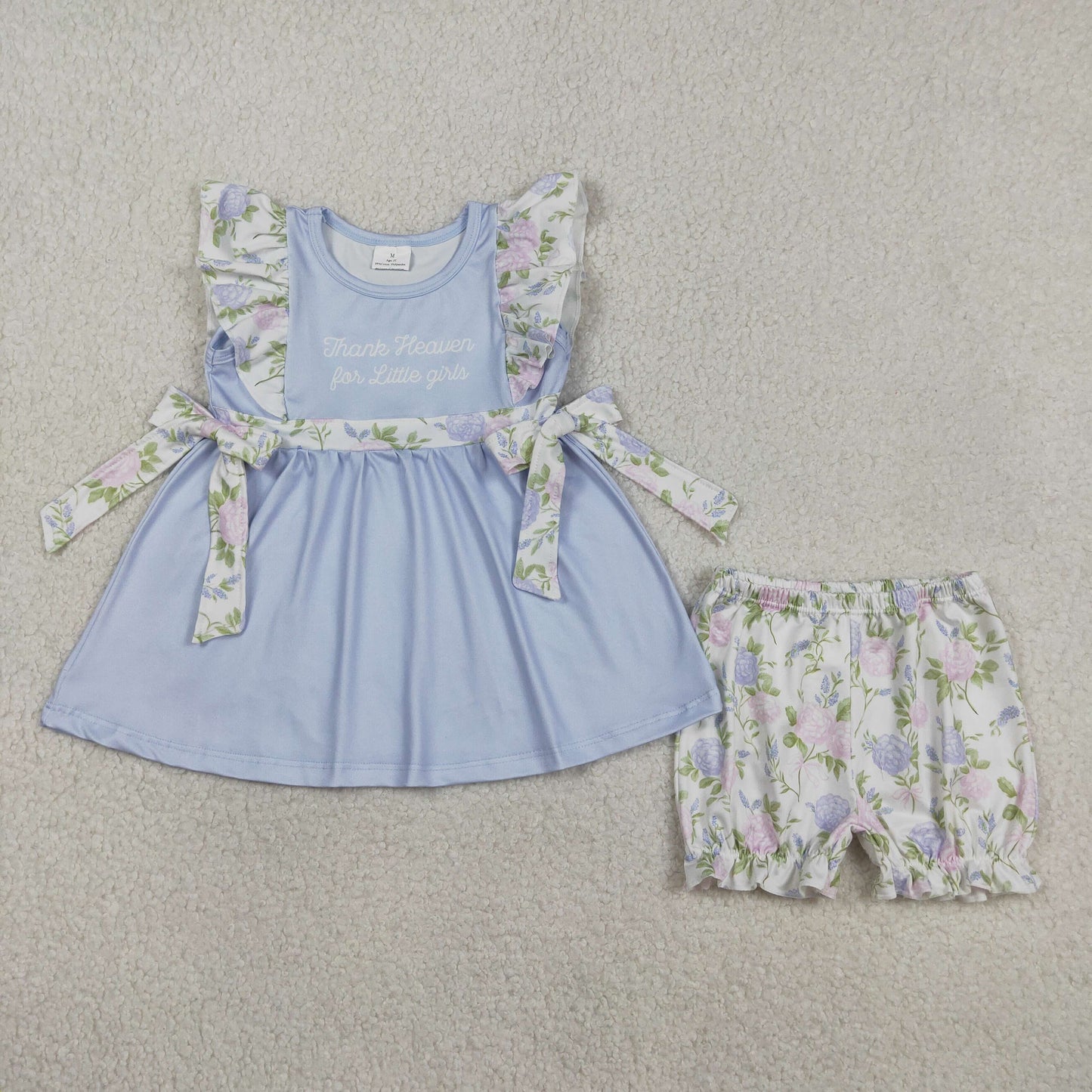 RTS Sibling Baby Girls Kids Thank Heaven Bows Blue Tunic Floral Shorts Set Romper Clothes