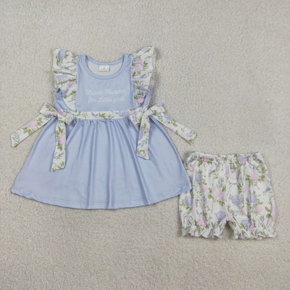 RTS Sibling Baby Girls Kids Thank Heaven Bows Blue Tunic Floral Shorts Set Romper Clothes