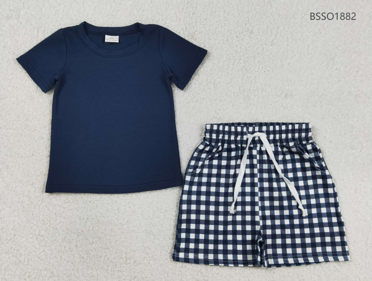 RTS Baby Boys Kids Navy Short Sleeves Shirt Plaid Pockets Shorts Summer Clothes Set
