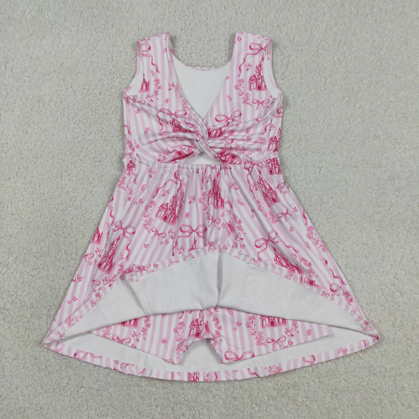 Baby Girls Kids Sleeveless Castles Bows Floral Shorts Knee Length Pink Dress