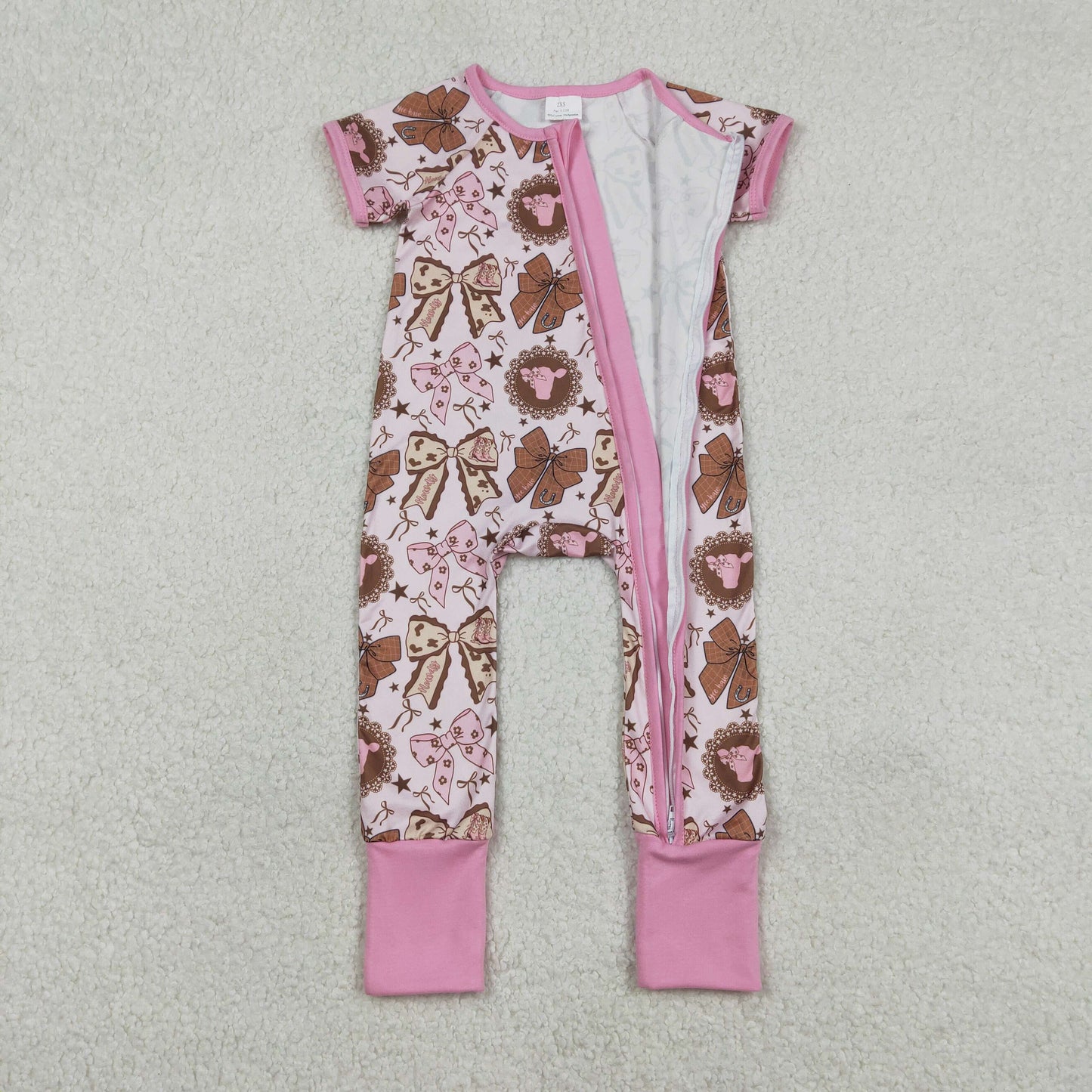 Baby Girls Short Sleeves Bows Boots Zipper Western Pink Romper