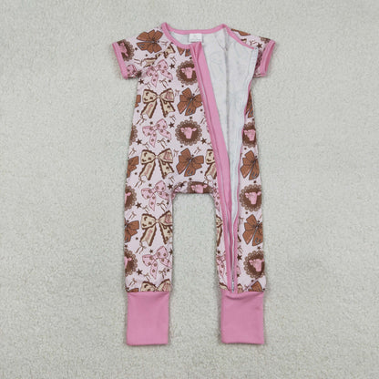 Baby Girls Short Sleeves Bows Boots Zipper Western Pink Romper