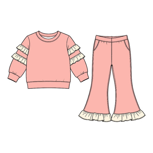 Moq 5 Preorder Baby Girls Kids Ruffle Long Sleeves Shirt Pockets Pants Cotton Set Pink Clothes