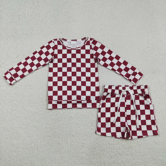 Baby Girls Long Sleeves Dark Red Checked Shirt Pockets Shorts Clothes Set