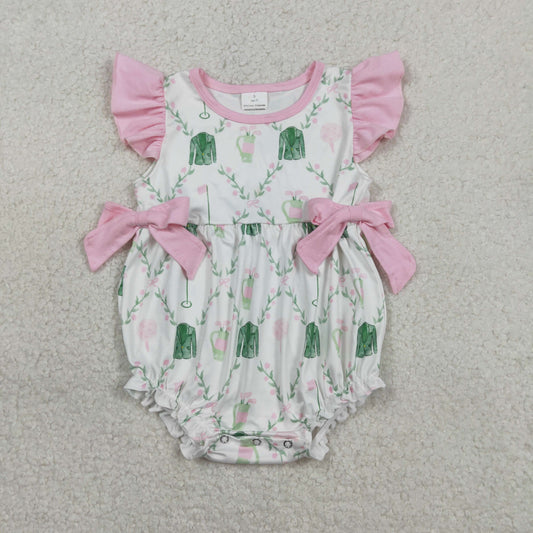 RTS Baby Girls Infant Short Sleeves Golf Floral Pink Bows Bubble Romper