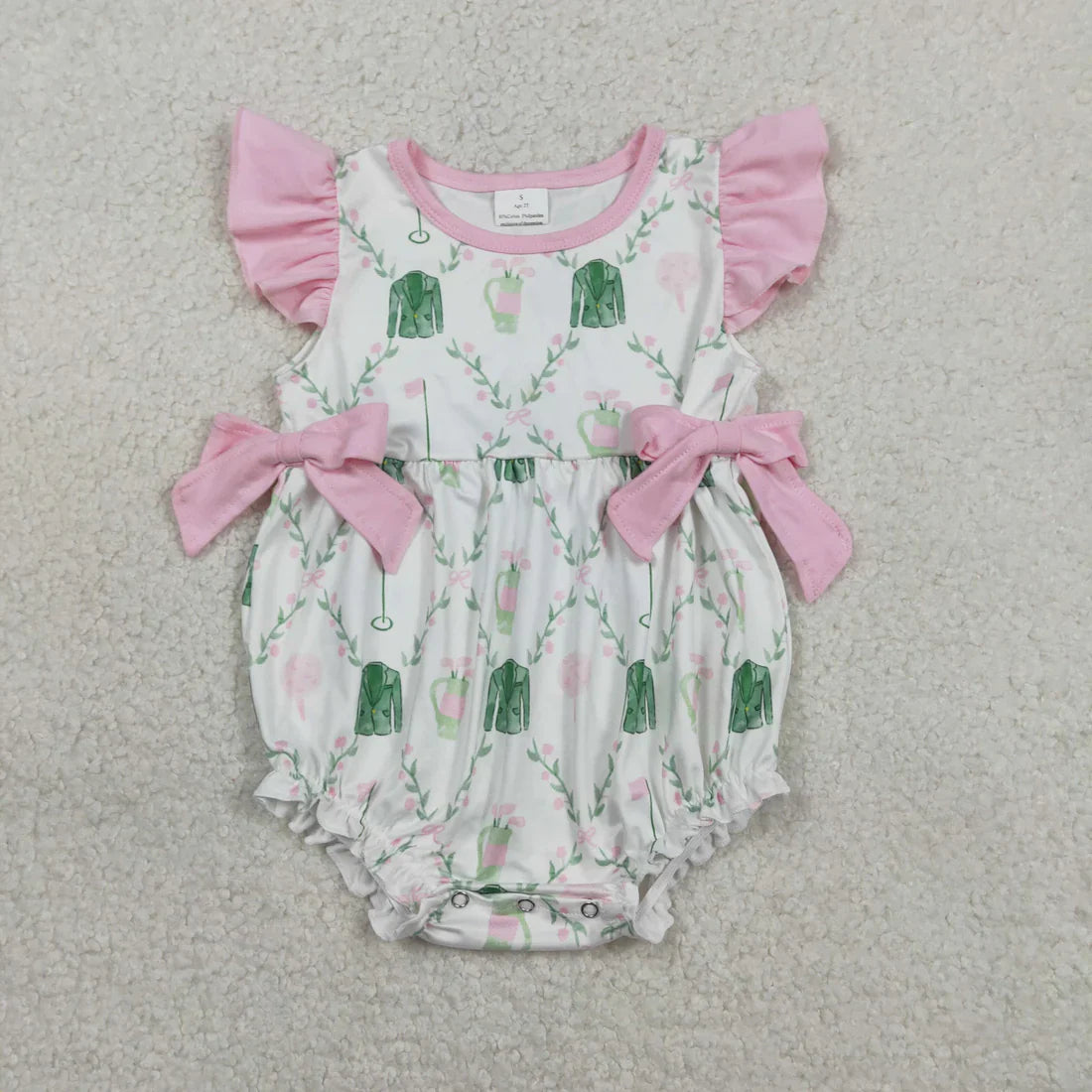 RTS Sibling Baby Girls Infant Short Sleeves Golf Floral Pink Bows Bubble Romper Set