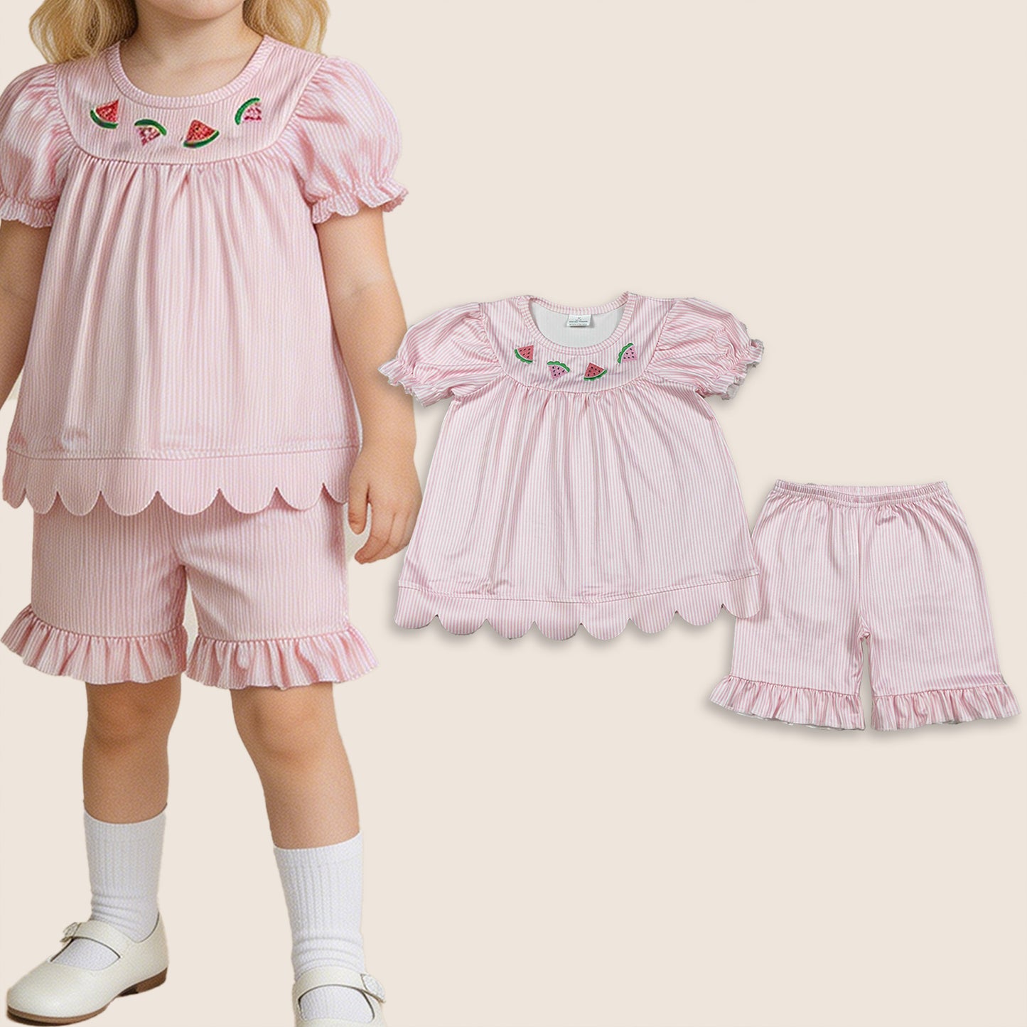 GSSO3239 Baby Girls Kids Embroidery Watermelon Scallop Tops Pink Stripes Shorts Summer Set