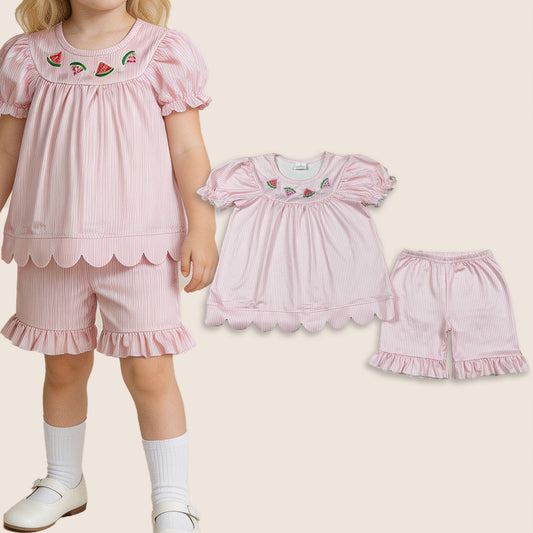 GSSO3239 Baby Girls Kids Embroidery Watermelon Scallop Tops Pink Stripes Shorts Summer Set