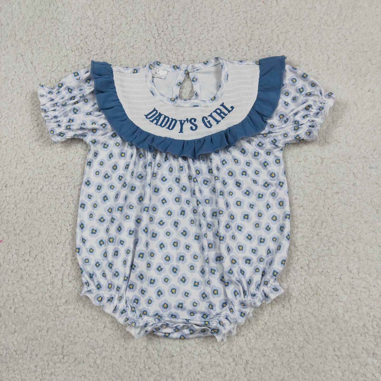 Baby Girls Infant Short Sleeves Embroidery Daddy's Girl Flower Smocked Romper