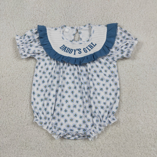 Baby Girls Infant Short Sleeves Embroidery Daddy's Girl Flower Smocked Romper