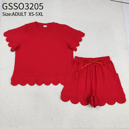 RTS Adult Women Red Short Sleeves Scallop Shirt Shorts Pajamas Clothes Set