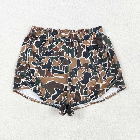 SS0469 Adult Women Brown Green Camo Print Zipper Pockets Shorts Yoga Bottoms Summer  Clothes