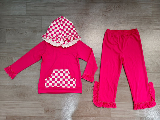 No moq Preorder Baby Girls Kids Checked Pocket Hoodie Shirt Pants Hot Pink Set Cotton Clothes