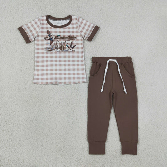 Baby Boys Short Sleeves Ducks Plaid Shirt Pockets Pants Set Clothes