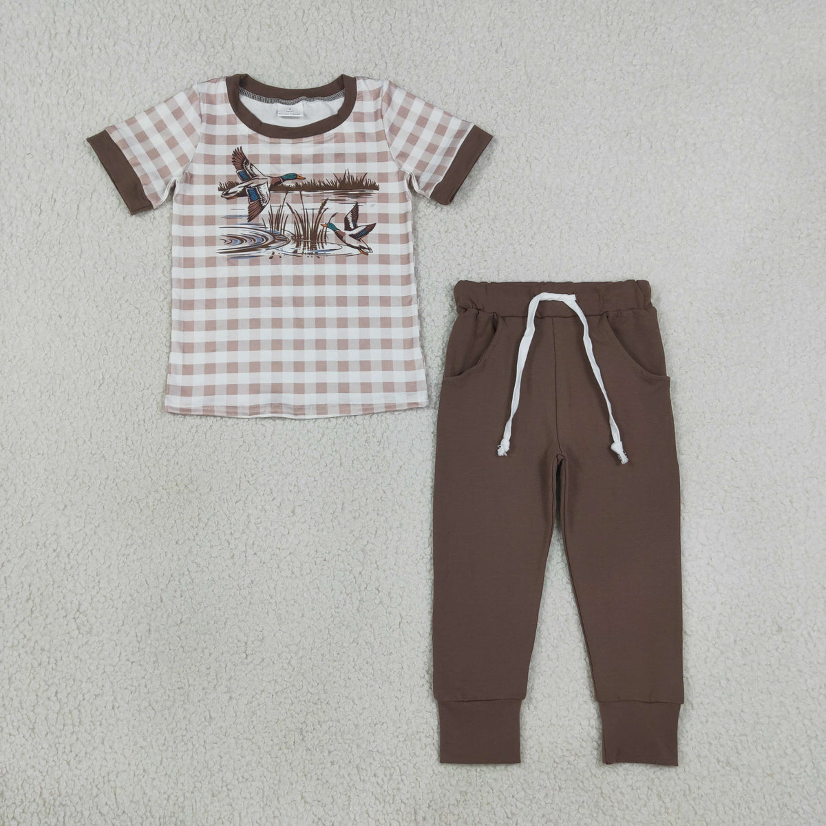 Sibling Baby Boys Short Sleeves Ducks Plaid Shirts Pockets Pants Sets Clothes