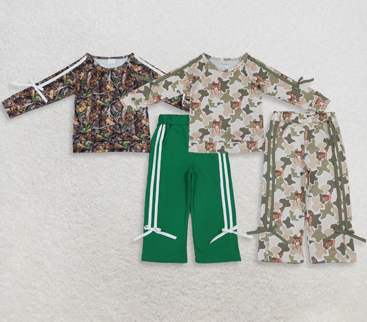 Sibling Baby Girls Kids Bows Long Sleeves Camo Shirts Pockets Pants Sets Clothes