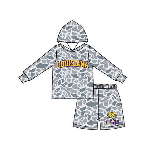 Moq 5 Preorder Baby Boy Kids Long Sleeves Grey Camo Hoodie Shirt Tiger Shorts Team Set