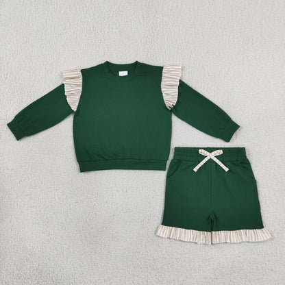 Sibling Baby Girls Kids Long Sleeves Green Tops Bottoms Cotton Sets Clothes