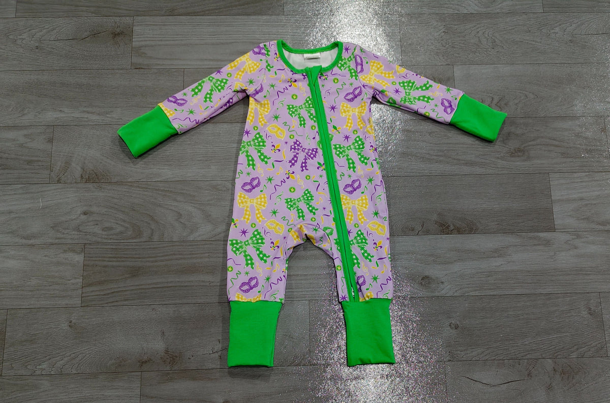 No moq Preorder Baby Girls Infant Masks Bows Footie Sleeper Zipper Romper Mardi Gras Clothes