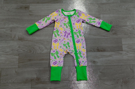 No moq Preorder Baby Girls Infant Masks Bows Footie Sleeper Zipper Romper Mardi Gras Clothes