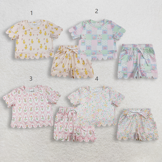RTS Sibling Baby Girls Kids Short Sleeves Flower Scallop Shirts Shorts Summer Sets Clothes