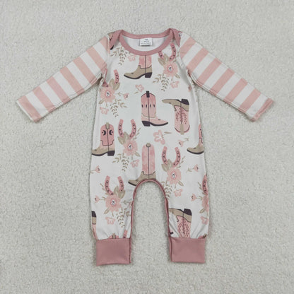 RTS Sibling Baby Girls Stripes Long Sleeves Boots Flower Western Romper Blanket Clothes