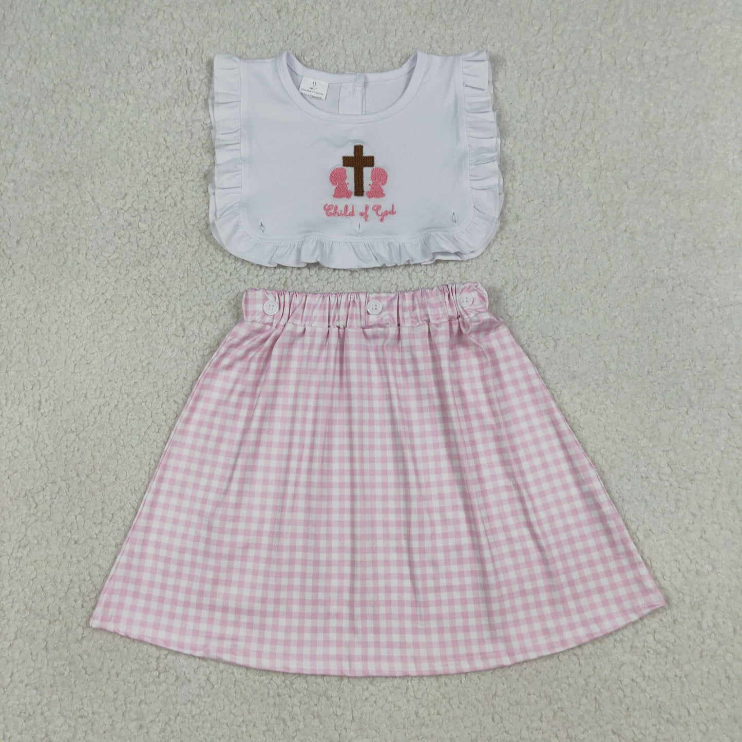 Baby Girls Sleeveless Embroidery Cross Child of God Pink Plaid Knee Length Dress