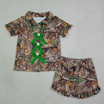 Baby Girls Kids Green Bows Buttons Shirt Camo Ruffle Shorts Hunting Pajamas Set